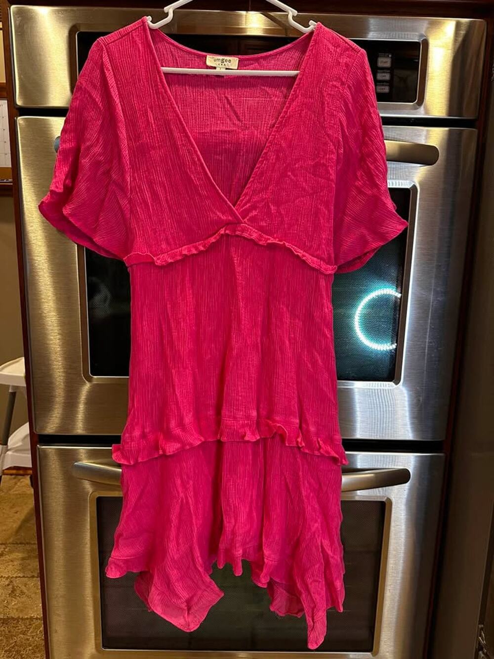 Umgee Hot Pink Ruffle Dress Size Large Boho High Low Flutter Sleeve